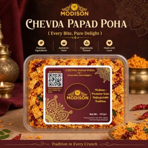 MODISON Chevda Papad Poha Indian Namkeen Crispy Mix 180g thumbnail 4