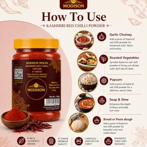 MODISON Kashmiri Red Chilli Powder Indian Spices Mild Heat 100g thumbnail 5