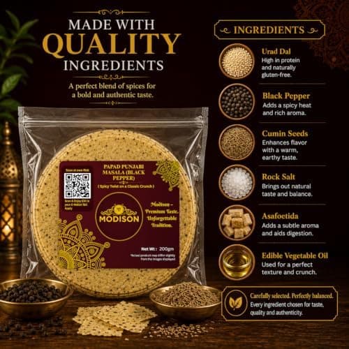 MODISON Punjabi Masala Indian Papad Black Pepper Lentil Wafer 200g thumbnail 5