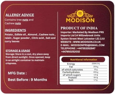 MODISON Shahi Aloo Lacha Indian Namkeen Crispy Potato Sticks 180g thumbnail 2
