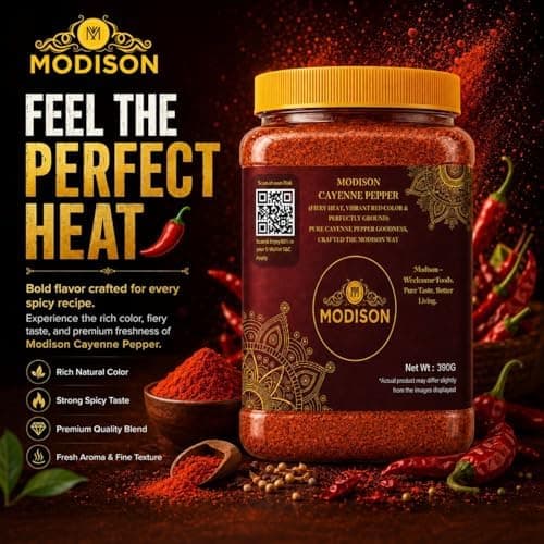 MODISON Cayenne Pepper 390g - Ground Red Pepper Seasoning | Hot Chilli Spice for Cooking, BBQ, Marinades, Curries & Sauces | Natural Vegan Gluten Free Cayenne Pepper for Meat, Vegetables & Soups. thumbnail 6