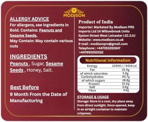 MODISON Caramelised Sesame Peanuts Indian Snacks Sweet Crunchy 400g thumbnail 2