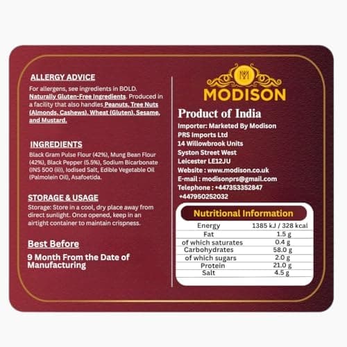 MODISON Masala Papad Indian Snacks Spicy Lentil Crackers 180g thumbnail 5