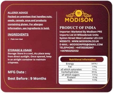 MODISON Plain Toor Daal Split Pigeon Peas High Fibre 2KG thumbnail 2