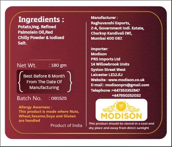 MODISON Masala Patta Potato Wafers Indian Snacks Crispy 180g thumbnail 7