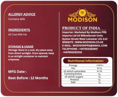MODISON A2 Cow Ghee A2 Milk Clarified Butter 1kg thumbnail 2