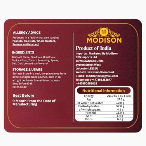 MODISON Beet Sev Indian Namkeen Beetroot Flavoured Snack 180g thumbnail 2