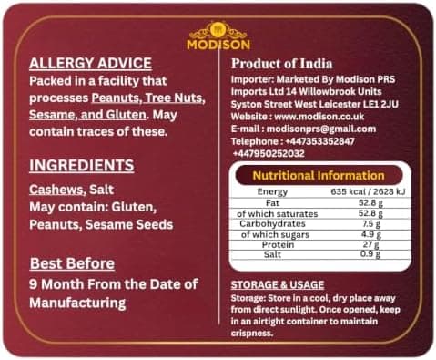MODISON Roasted Cashew Nuts Healthy Snacks Protein Rich Kaju 400g thumbnail 2