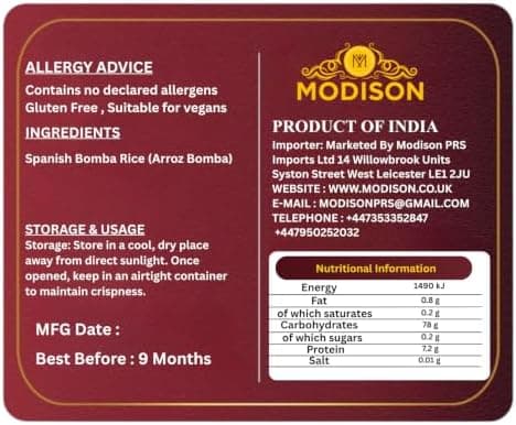 MODISON Spanish Bomba Rice Paella Rice Gluten Free Vegan 1kg thumbnail 2