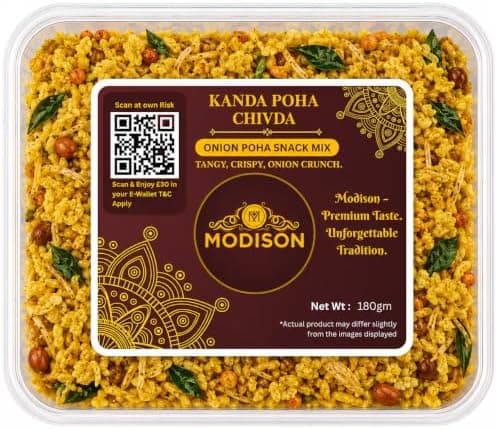 MODISON Kanda Poha Chivda Indian Namkeen Crispy Cashew Raisin 180g thumbnail 1