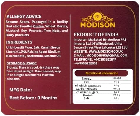 MODISON Jeera Papad Indian Papad Cumin Lentil Wafer 200g thumbnail 2