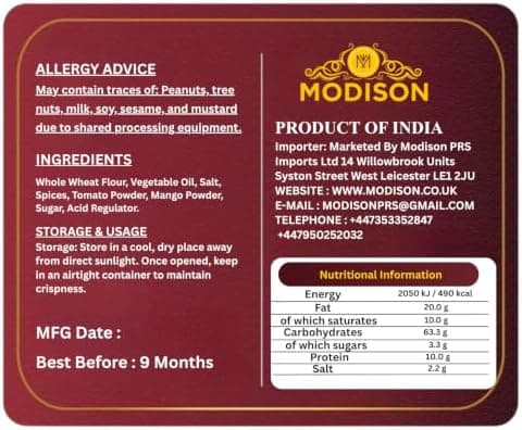 MODISON Sandwich Khakhra Tomato Spice Crispbread Roasted Snack 200g thumbnail 2