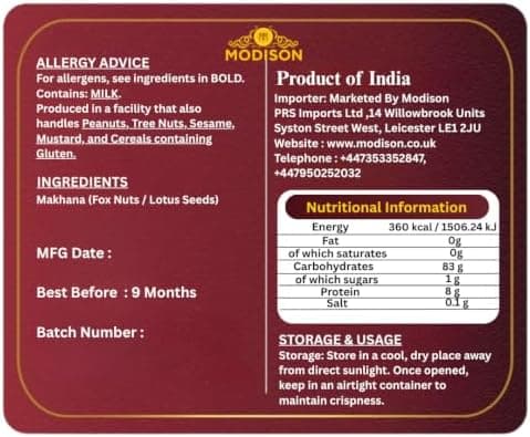 MODISON Raw Makhana Healthy Snacks Natural Fox Nuts 180g thumbnail 2