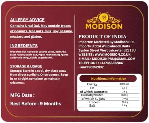 MODISON Andhra Appadam Indian Papad Crispy Lentil Wafer 200g thumbnail 2