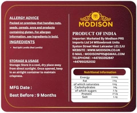 MODISON Red Split Lentils Masoor Dal High Fibre Protein 5KG thumbnail 2