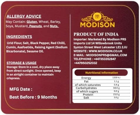 MODISON Sindhi Special Indian Papad Black Pepper Cumin 200g thumbnail 2