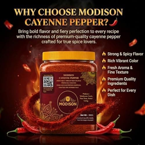 MODISON Cayenne Pepper 390g - Ground Red Pepper Seasoning | Hot Chilli Spice for Cooking, BBQ, Marinades, Curries & Sauces | Natural Vegan Gluten Free Cayenne Pepper for Meat, Vegetables & Soups. thumbnail 7