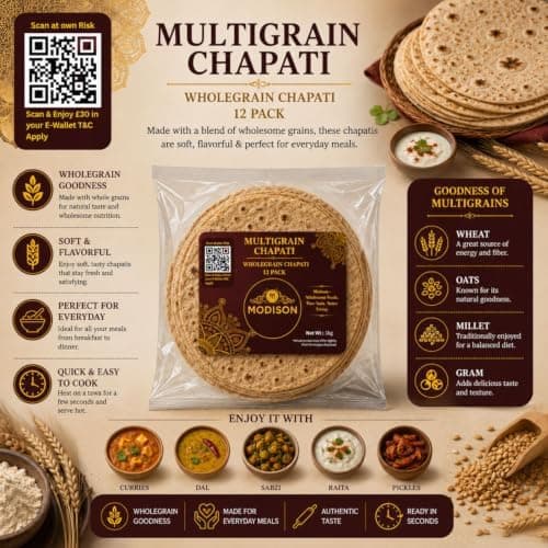 MODISON Multigrain Chapati 12 Pcs Frozen Indian Flatbread 1kg thumbnail 3