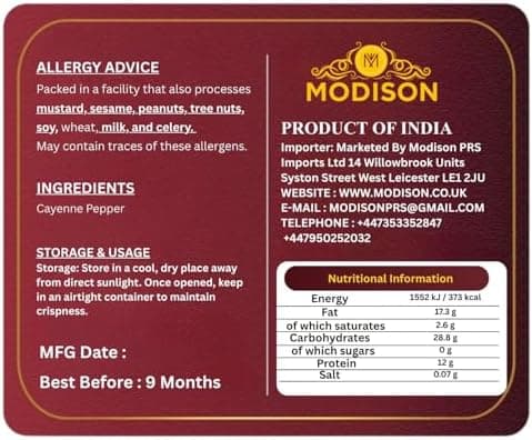MODISON Cayenne Pepper 390g - Ground Red Pepper Seasoning | Hot Chilli Spice for Cooking, BBQ, Marinades, Curries & Sauces | Natural Vegan Gluten Free Cayenne Pepper for Meat, Vegetables & Soups. thumbnail 2