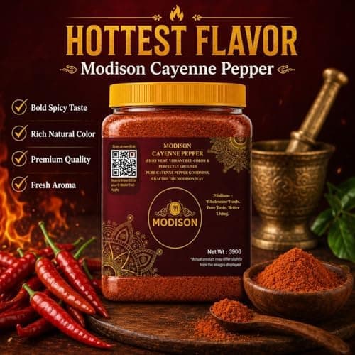 MODISON Cayenne Pepper 390g - Ground Red Pepper Seasoning | Hot Chilli Spice for Cooking, BBQ, Marinades, Curries & Sauces | Natural Vegan Gluten Free Cayenne Pepper for Meat, Vegetables & Soups. thumbnail 4