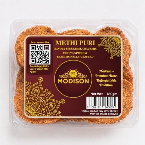 MODISON Methi Puri Indian Snacks Crispy Fenugreek Crackers 180g thumbnail 1