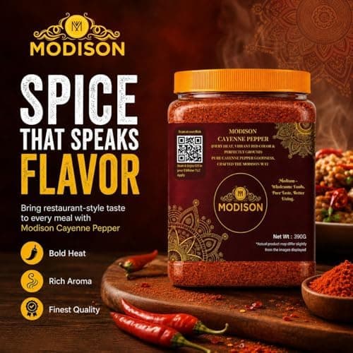 MODISON Cayenne Pepper 390g - Ground Red Pepper Seasoning | Hot Chilli Spice for Cooking, BBQ, Marinades, Curries & Sauces | Natural Vegan Gluten Free Cayenne Pepper for Meat, Vegetables & Soups. thumbnail 5