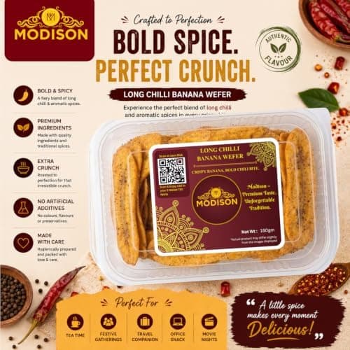 MODISON Long Chilli Banana Wafer Indian Snacks Spicy Kela 180g thumbnail 4