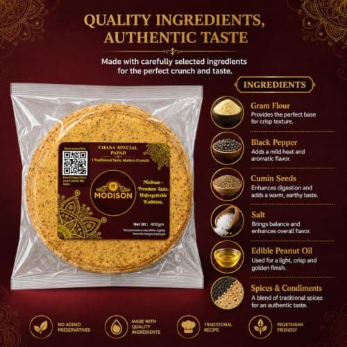 MODISON Chana Special Indian Papad Black Pepper Lentil Wafer 400g thumbnail 5