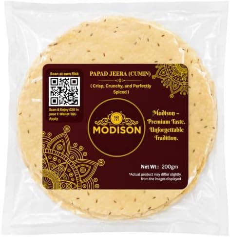 MODISON Jeera Papad Indian Papad Cumin Lentil Wafer 200g thumbnail 1