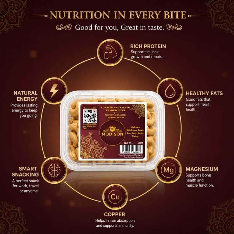 MODISON Roasted Cashews Indian Dry Fruit Salted Kaju 180g thumbnail 3