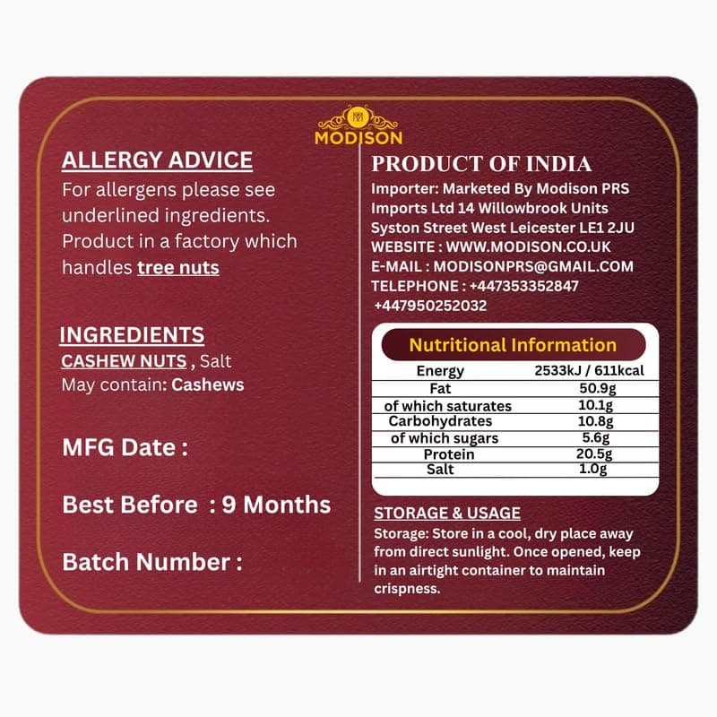 MODISON Roasted Cashews Indian Dry Fruit Salted Kaju 180g thumbnail 2