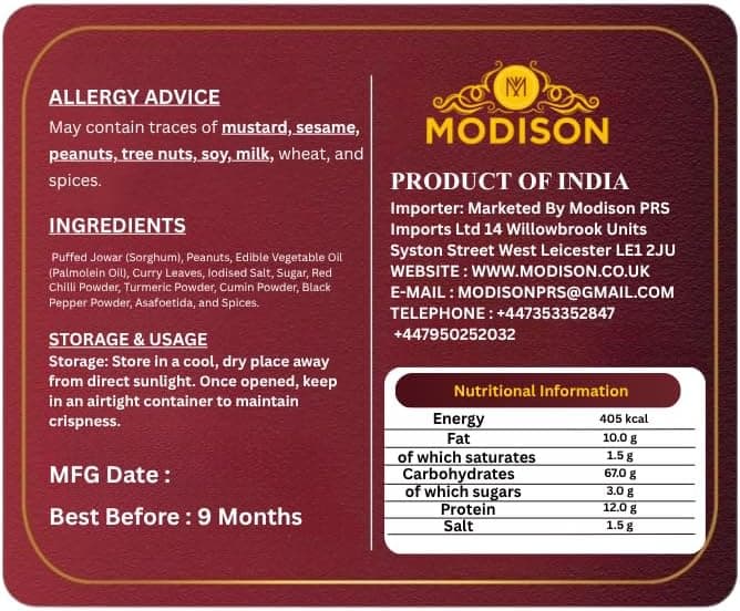 MODISON Roasted Juwar Chevda Indian Namkeen Crunchy Sorghum 180g thumbnail 2