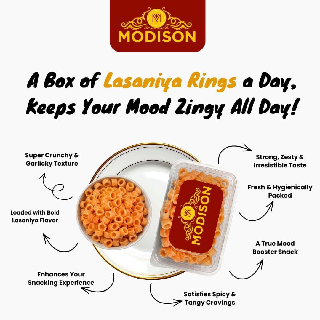 MODISON Lasaniya Ring Indian Namkeen Garlic Flavoured Snack 180g thumbnail 9