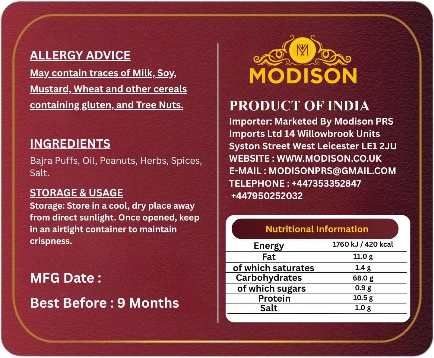 MODISON Healthy Bajra Bhel Indian Namkeen Roasted Pearl Millet 180g thumbnail 9