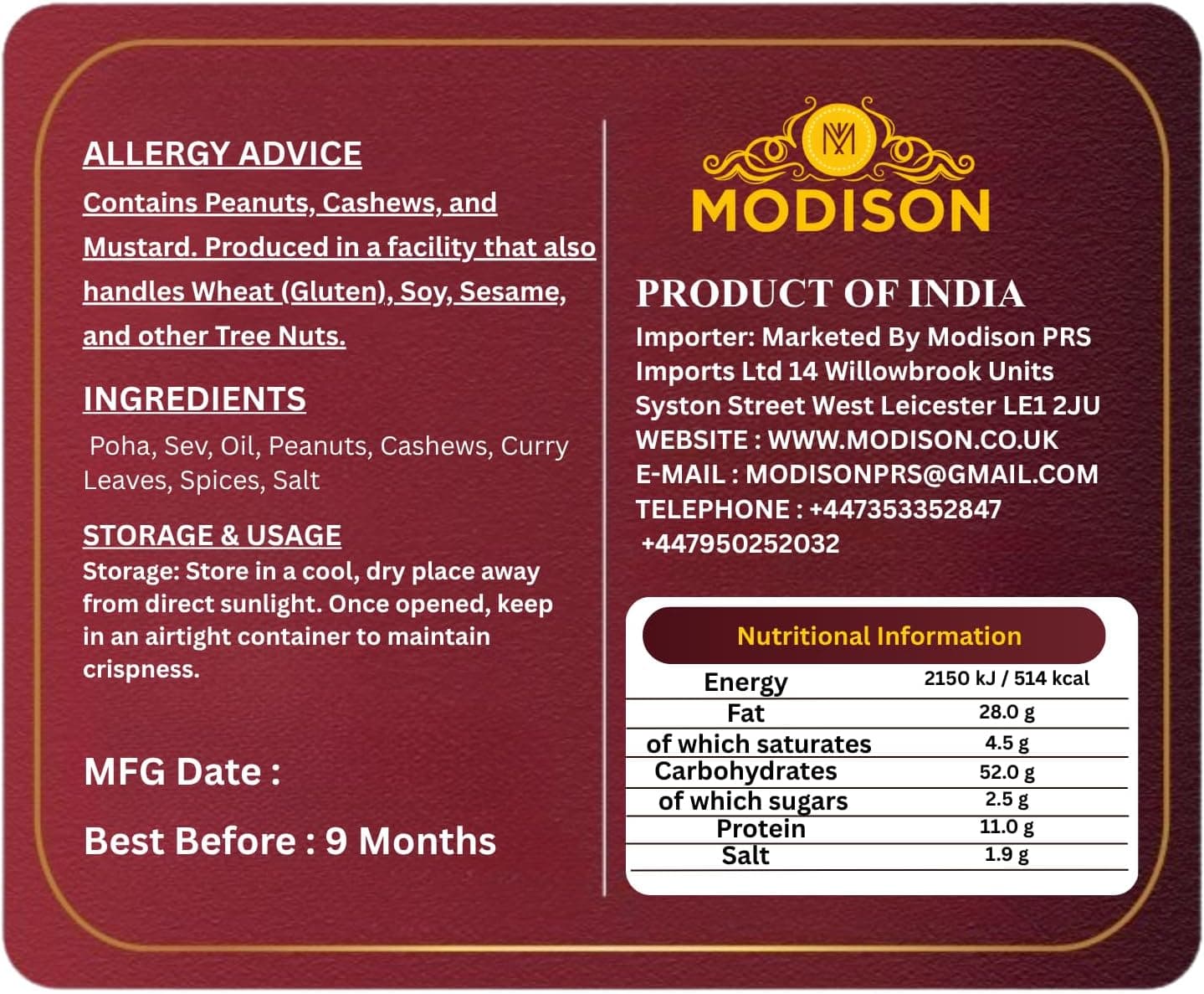 MODISON Dhammal Chivda Indian Namkeen Spicy Crunchy Mix 180g thumbnail 9