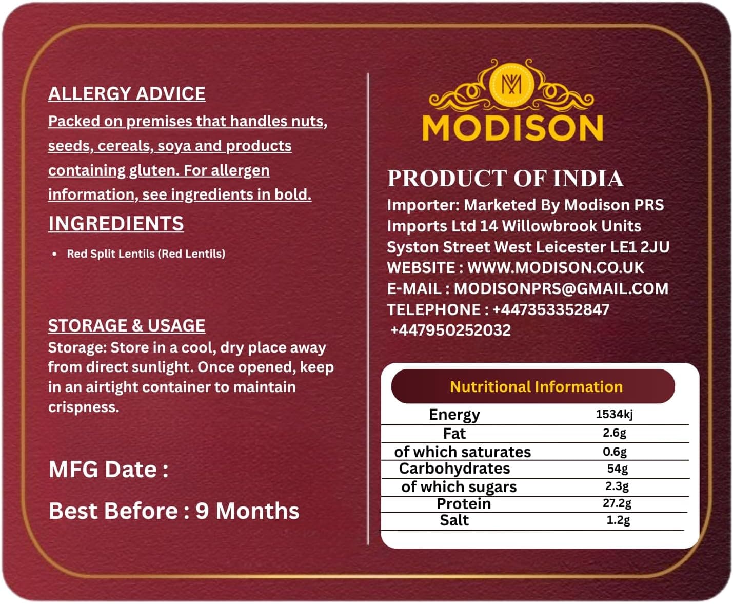 MODISON Red Split Lentils Masoor Dal High Fibre Protein 5KG thumbnail 9