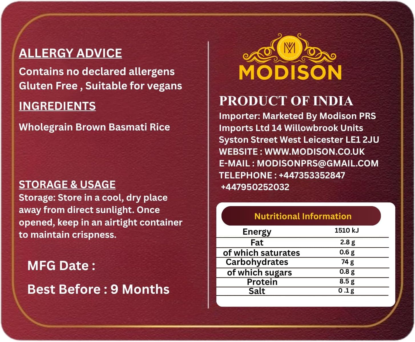 MODISON Brown Basmati Rice Wholegrain Long Grain Rice 1kg Vegan thumbnail 9
