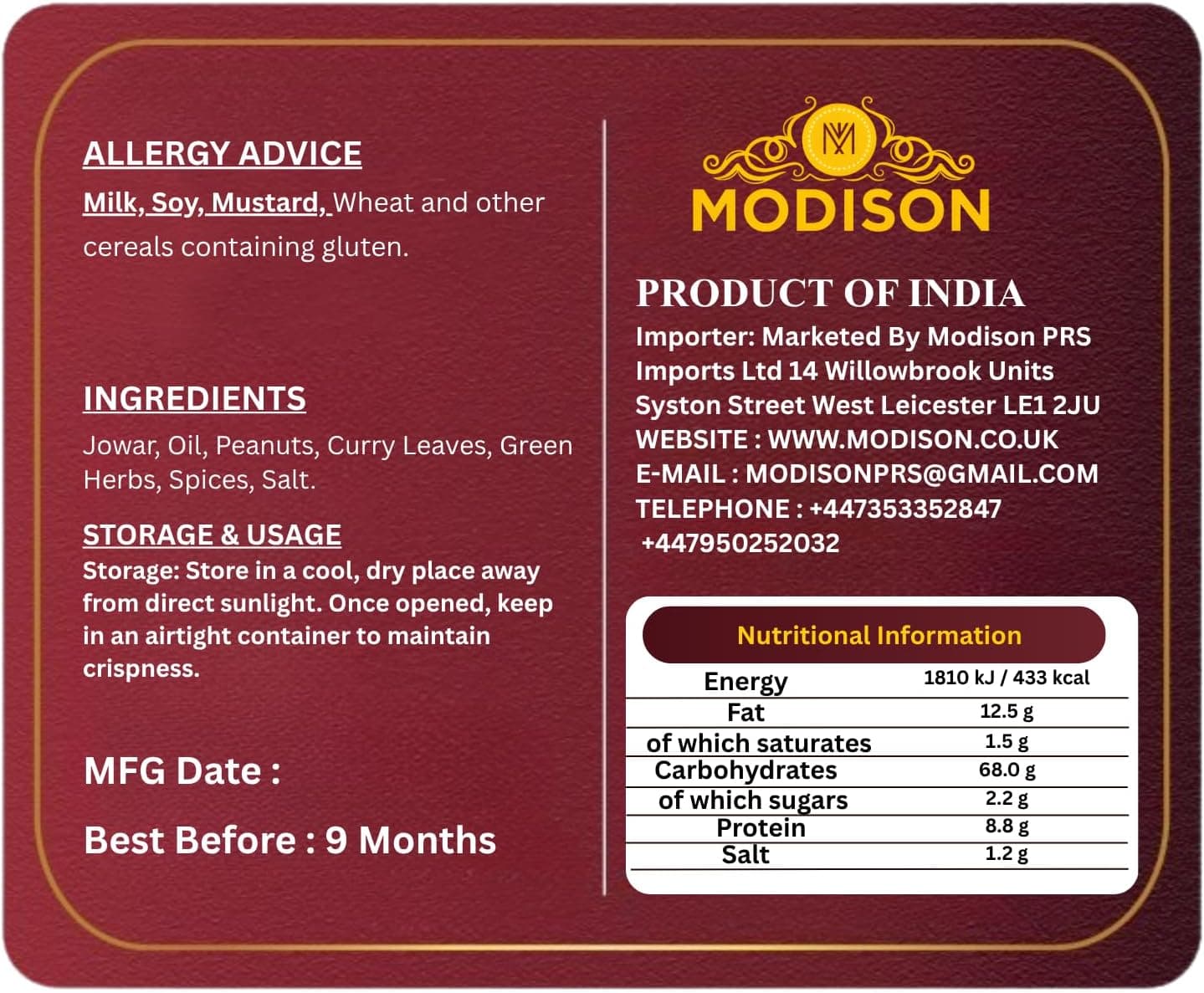 MODISON Hara Bhara Jowar Chivda Indian Namkeen Roasted Sorghum 180g thumbnail 9