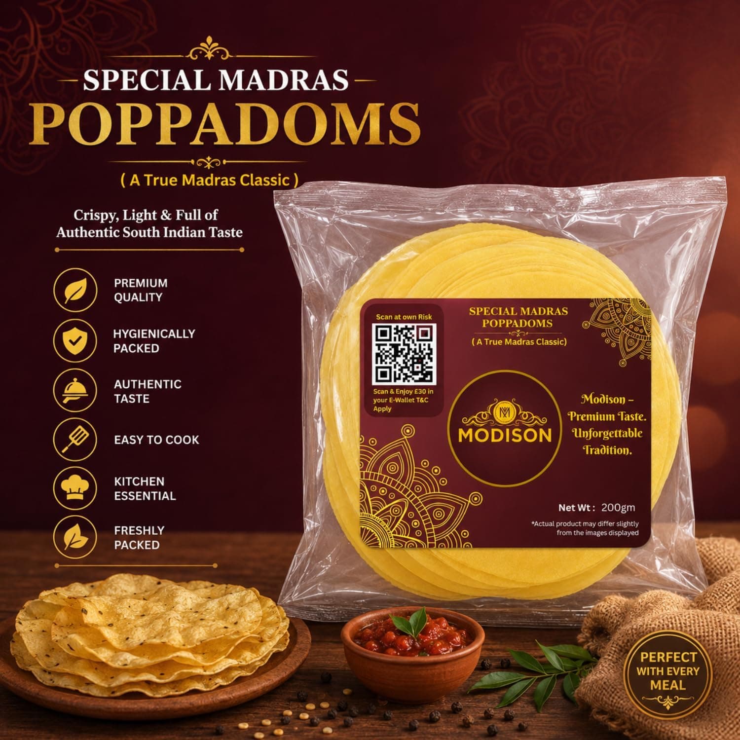 MODISON Special Madras Poppadoms Indian Papad Crispy Lentil Wafer 200g thumbnail 10