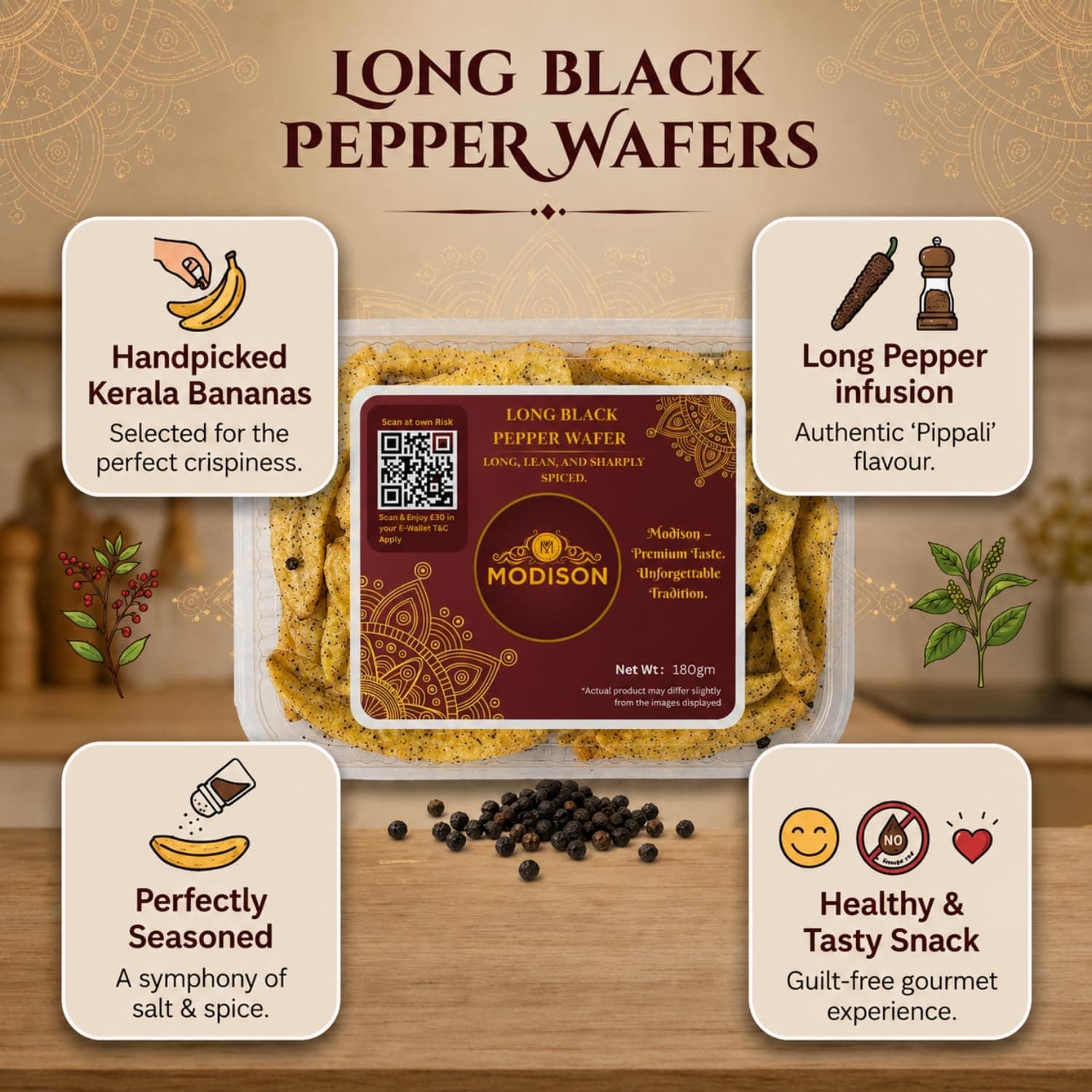MODISON Long Black Pepper Wafer Indian Snacks Crispy Kela 180g thumbnail 11