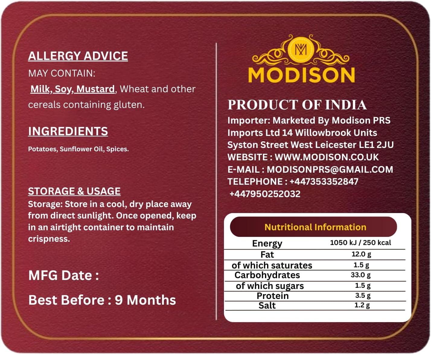 MODISON Potato French Fries Indian Namkeen Masala Crispy 180g thumbnail 9