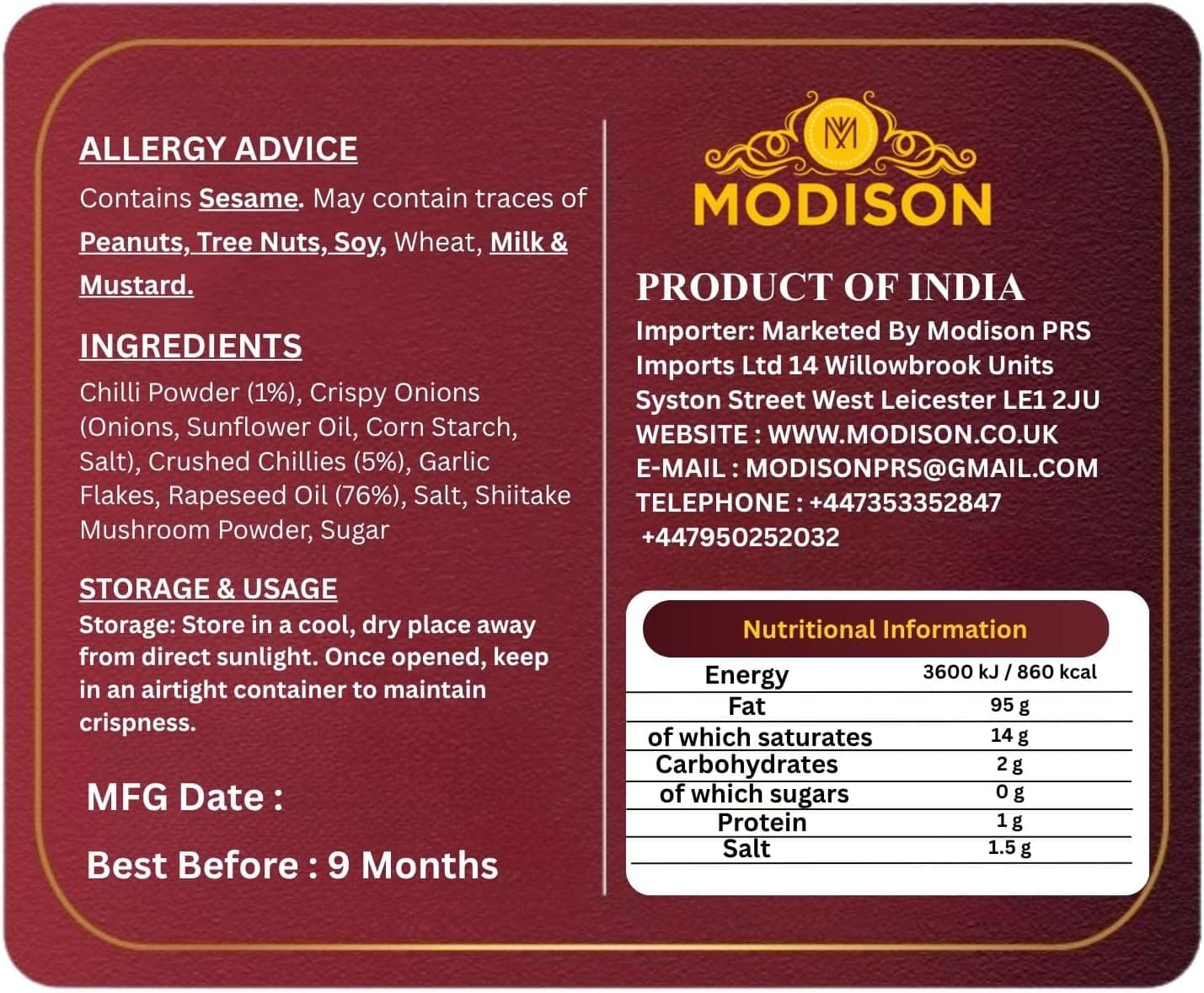 MODISON Crispy Chilli Oil 190ml – Spicy Chilli Crunch Condiment with Crispy Garlic | Bold Flavor & Crunch | Ideal for Noodles, Ramen, Dumplings & Rice Bowls | Vegan Friendly (190ml) thumbnail 9