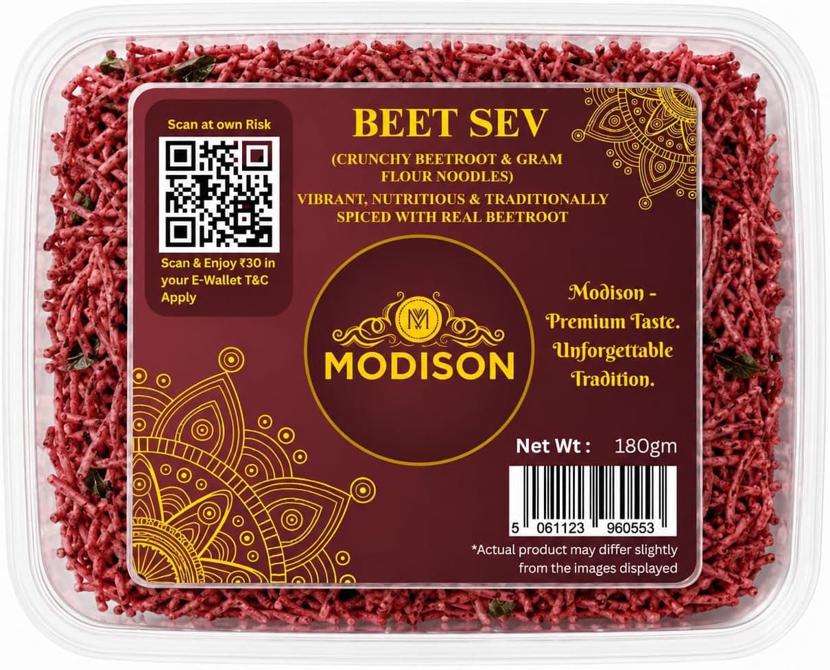 MODISON Beet Sev Indian Namkeen Beetroot Flavoured Snack 180g thumbnail 8