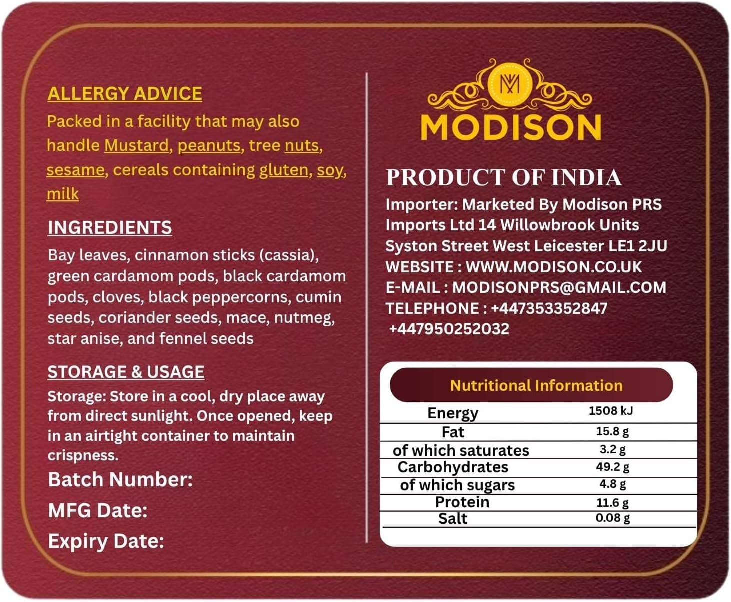 MODISON Whole Garam Masala Mixed Spices Blend 450g thumbnail 9