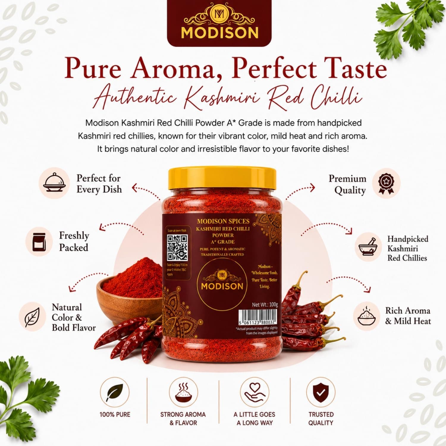 MODISON Kashmiri Red Chilli Powder Indian Spices Mild Heat 100g thumbnail 9