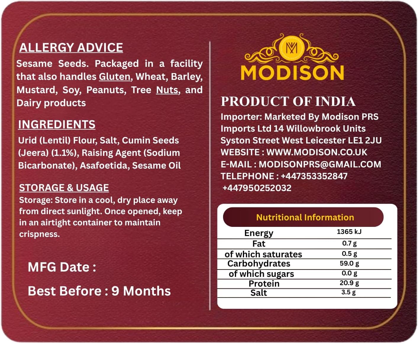 MODISON Jeera Papad Indian Papad Cumin Lentil Wafer 200g thumbnail 9