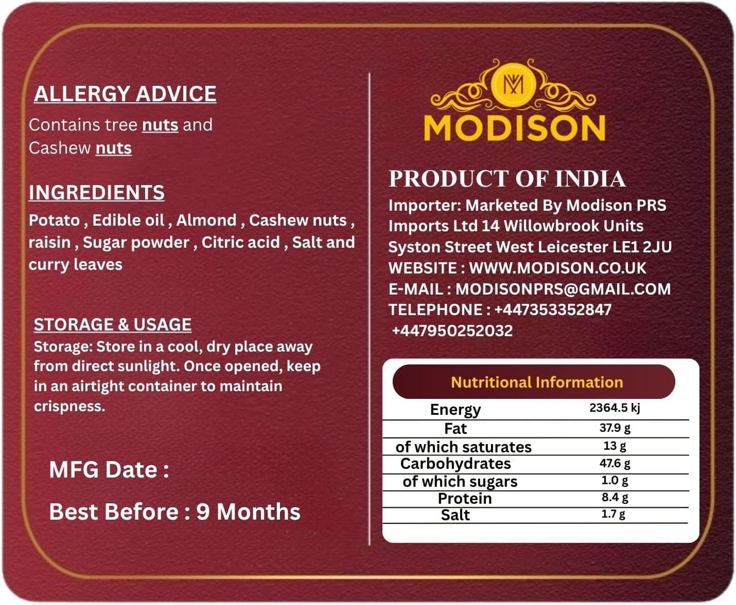 MODISON Shahi Aloo Lacha Indian Namkeen Crispy Potato Sticks 180g thumbnail 9