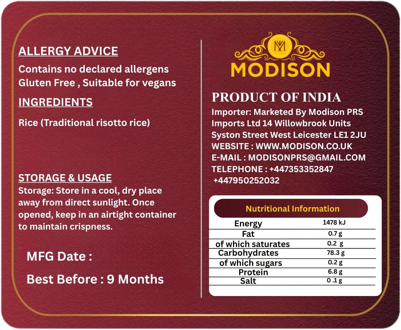 MODISON Vegan Red Wholegrain Rice Natural Gluten Free 1kg thumbnail 9