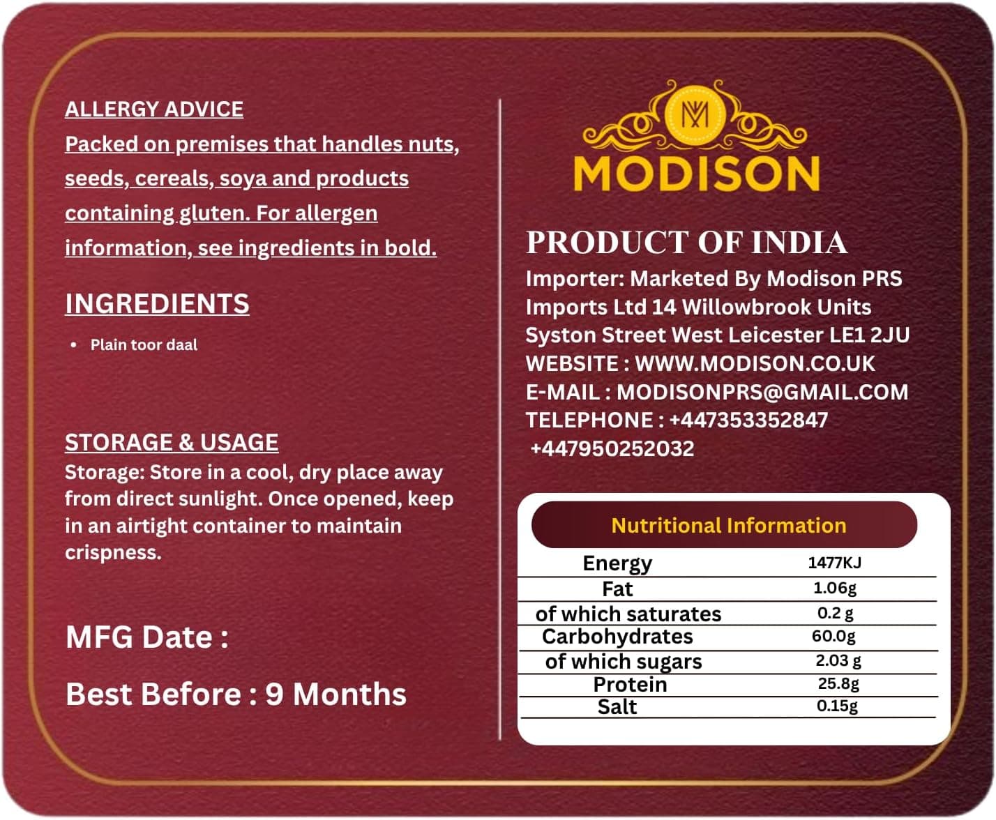 MODISON Plain Toor Daal Split Pigeon Peas High Fibre 2KG thumbnail 9