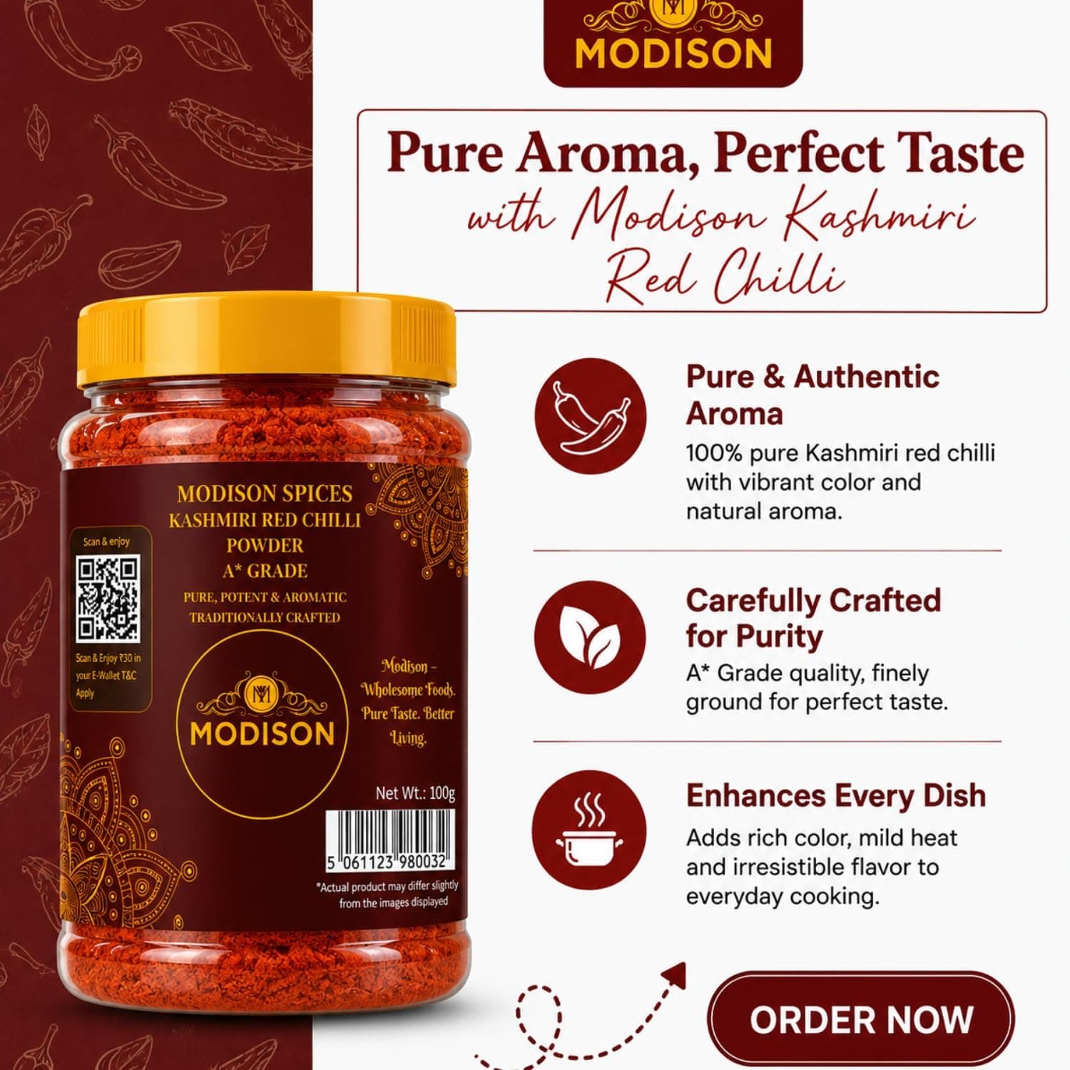 MODISON Kashmiri Red Chilli Powder Indian Spices Mild Heat 100g thumbnail 10